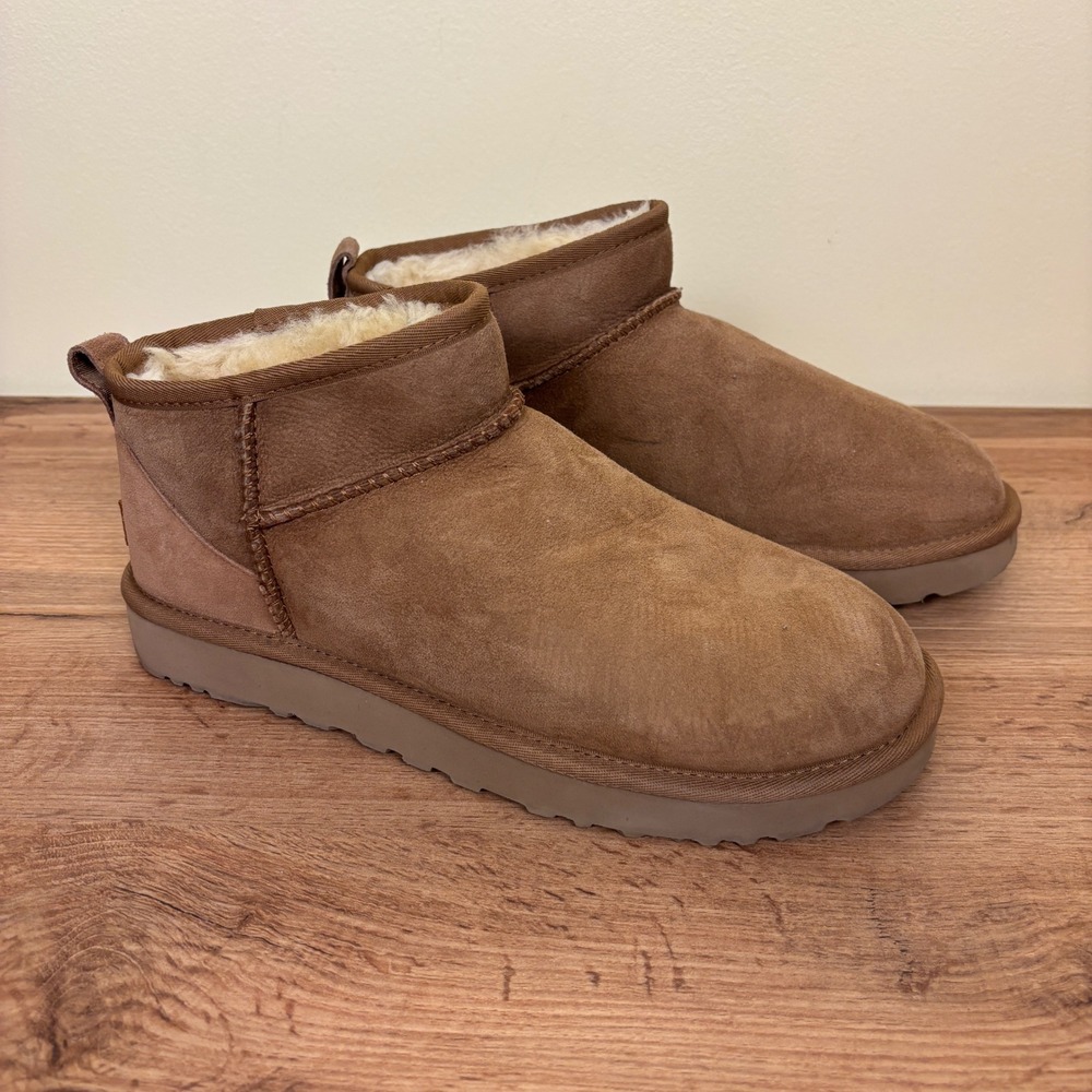 UGG Classic Ultra Mini Ankle Boot Chestnut Tan Women Size 10 Suede Warm Comfort